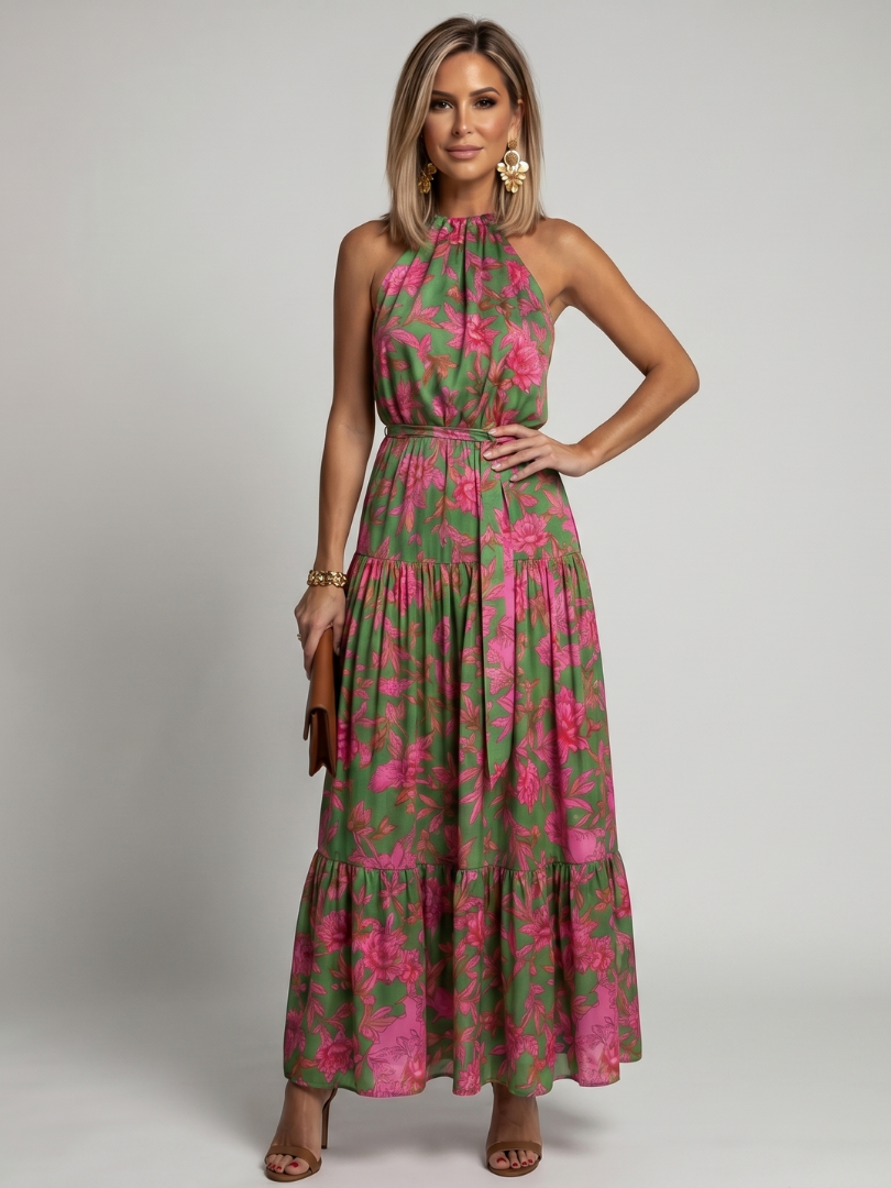 Rowen | Draped Halter Midi Dress – Floral | The Bellemont Sisters Australia