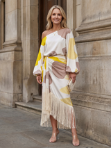 Koda | Abstract Print Fringe Hem Midi Dress – White | The Bellemont Sisters Australia