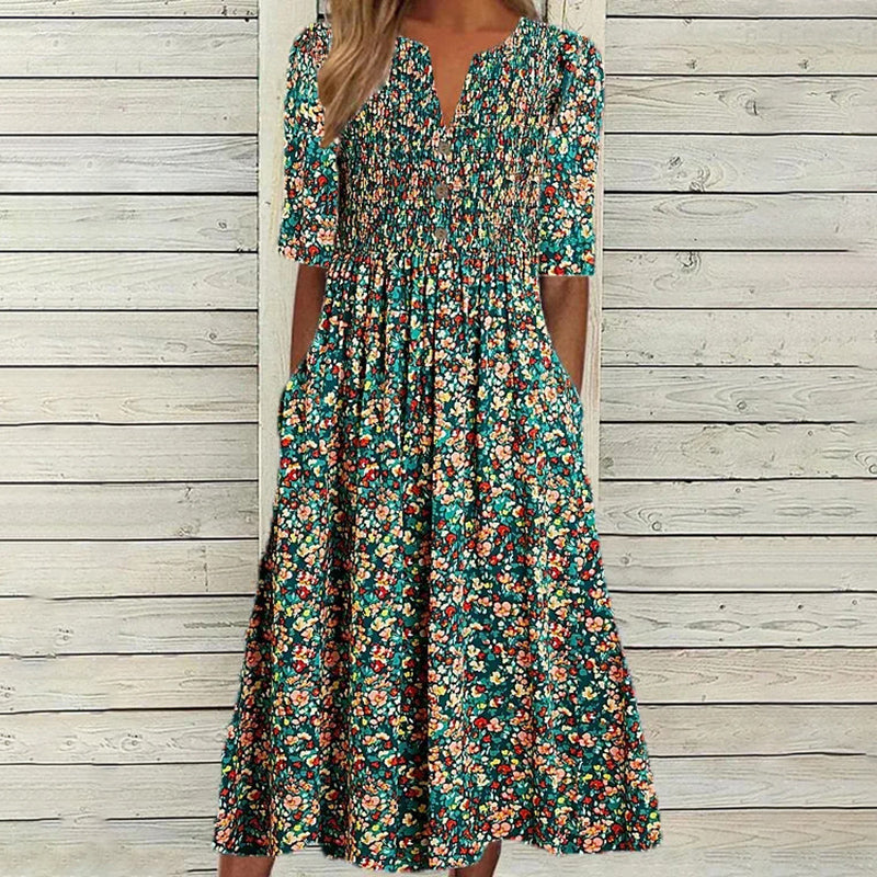 DANICA | ELEGANT FLORAL TUMMY-COVERAGE MIDI DRESS – Multicolor | The Bellemont Sisters Australia