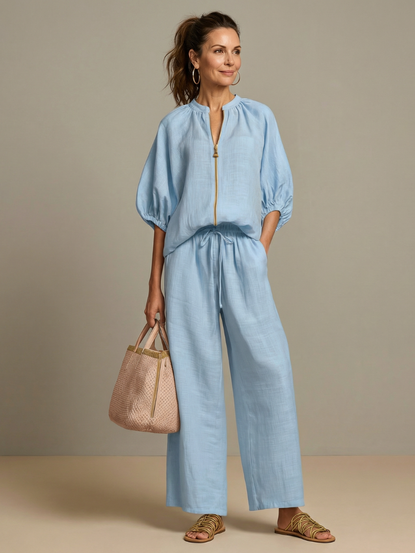 Natalia | Zip Front Blouson Top Wide Leg Set – Blue | The Bellemont Sisters Australia