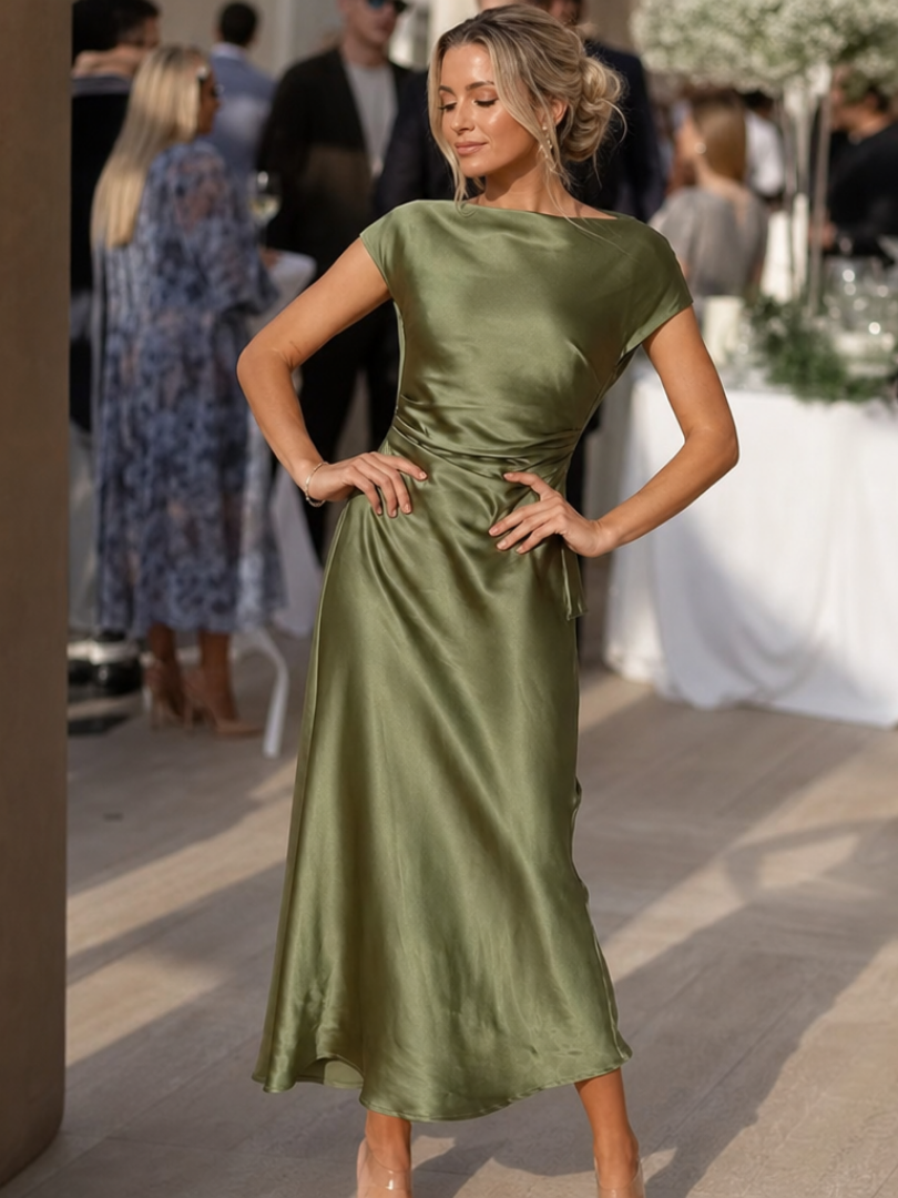 Elure | Short Sleeve Boat Neck Fitted Silhouette Midi Dress – Green | The Bellemont Sisters Australia