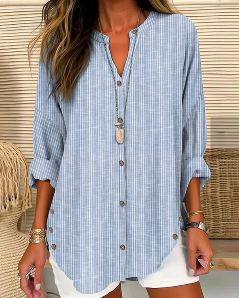 Isabella | Women’s Relaed Striped Button Blouse – Blue | The Bellemont Sisters Australia