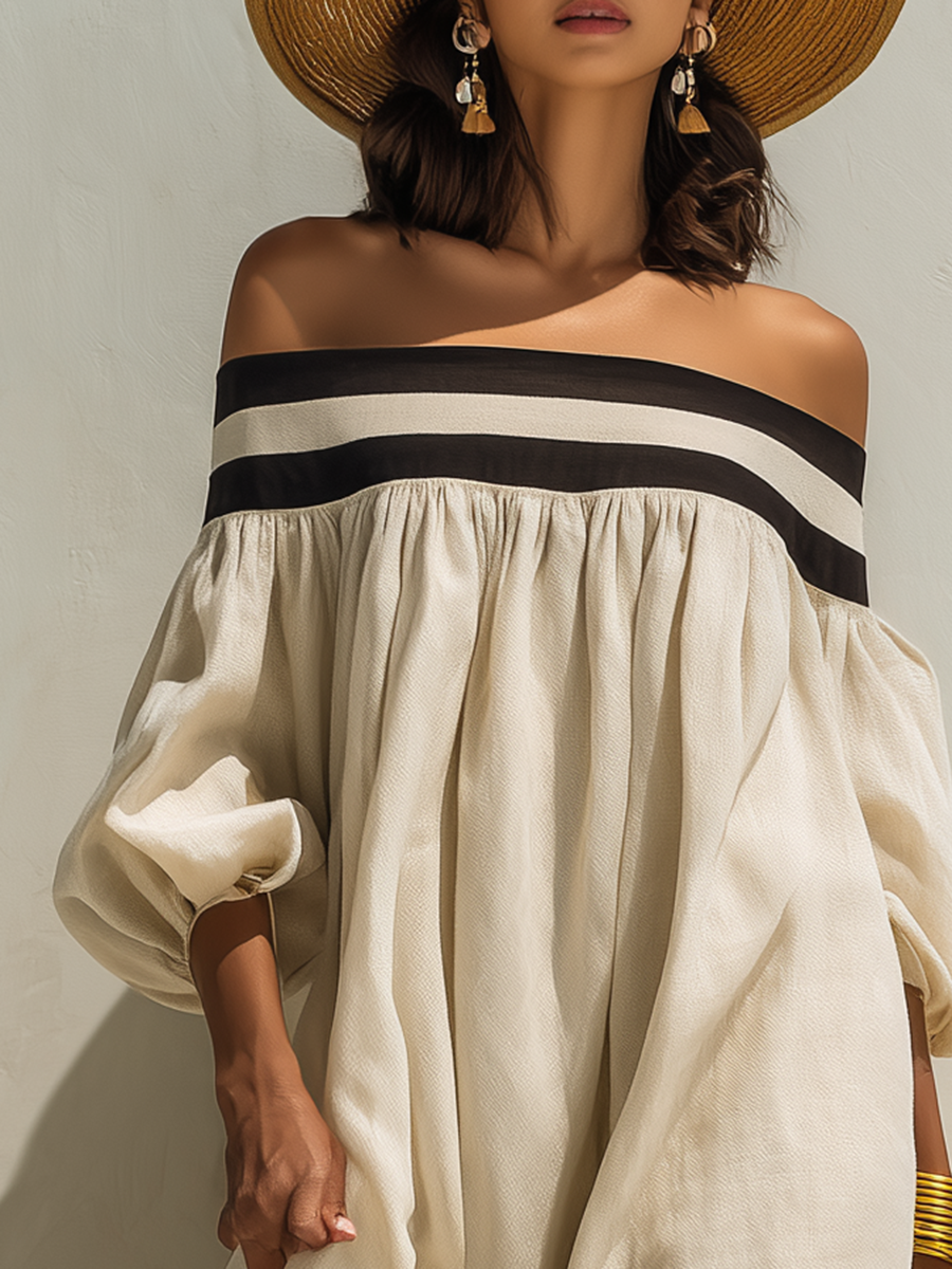 Loose-fitting Color-blocked Off-the-shoulder Maxi Dress | The Bellemont Sisters Australia