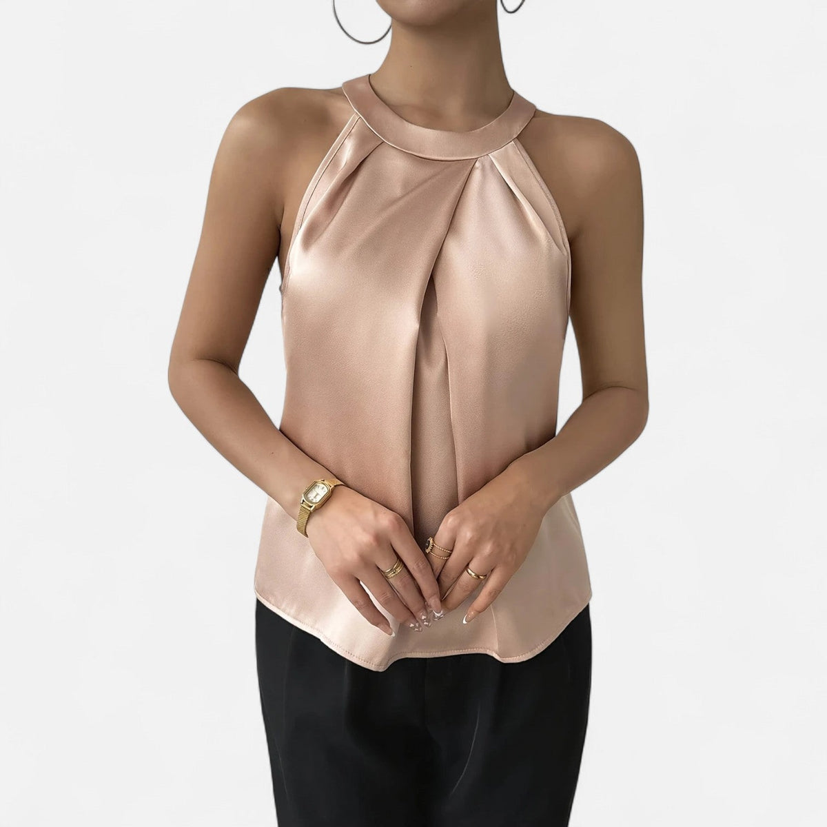 Kimberly | Women’s Elegant Pleated Front Draped Satin Tanks | The Bellemont Sisters Australia