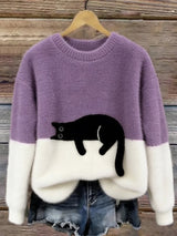 Aileen™ | Elegant Cat Print Oversized Sweater – Purple | The Bellemont Sisters Australia