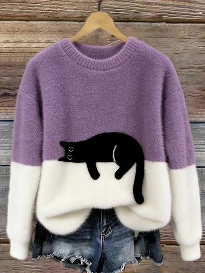 Aileen™ | Elegant Cat Print Oversized Sweater – Purple | The Bellemont Sisters Australia