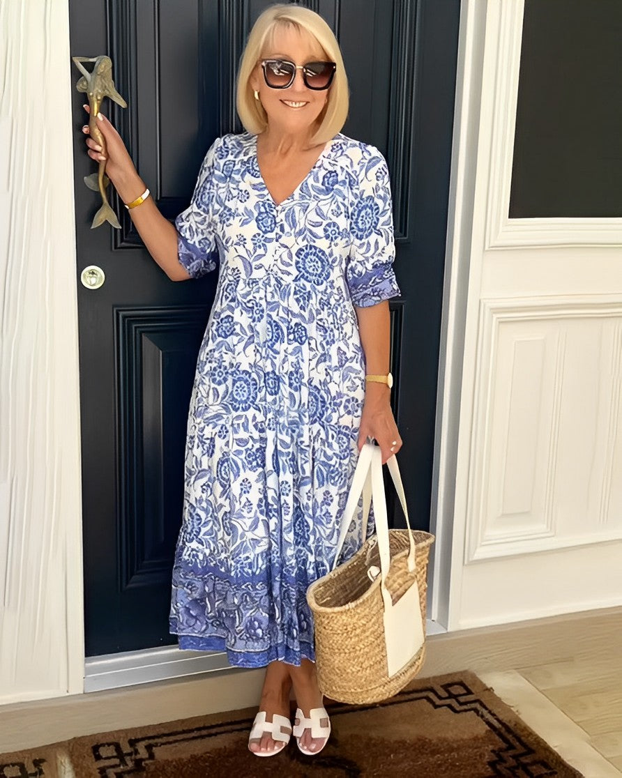 Candice | Graceful V-Neck Floral – Blue | The Bellemont Sisters Australia