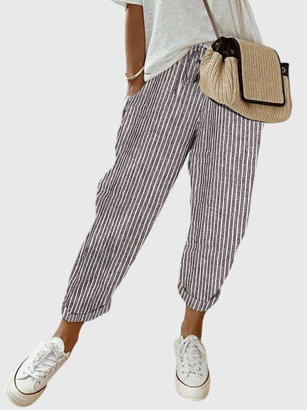 Reina | Elegant Women's Pants – Grey (Striped) | The Bellemont Sisters Australia