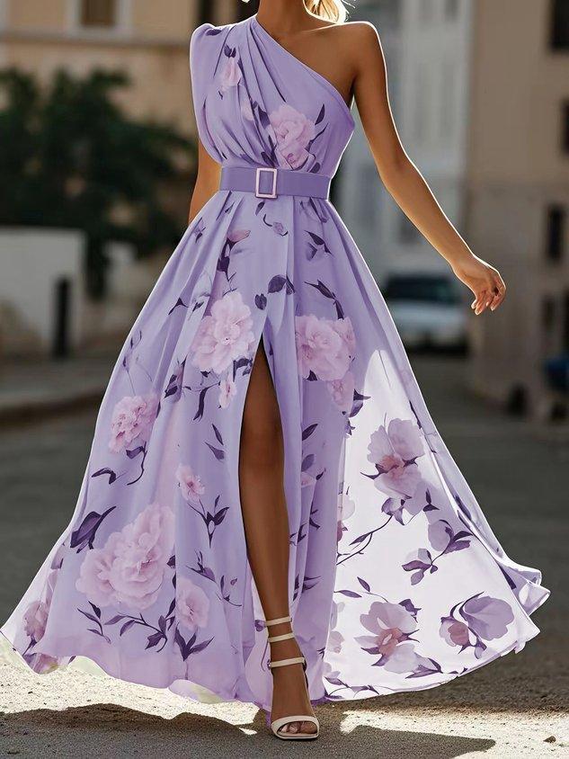 Light Green Floral Ruched One Shoulder A-Line Maxi Chiffon Dress – Purple | The Bellemont Sisters Australia