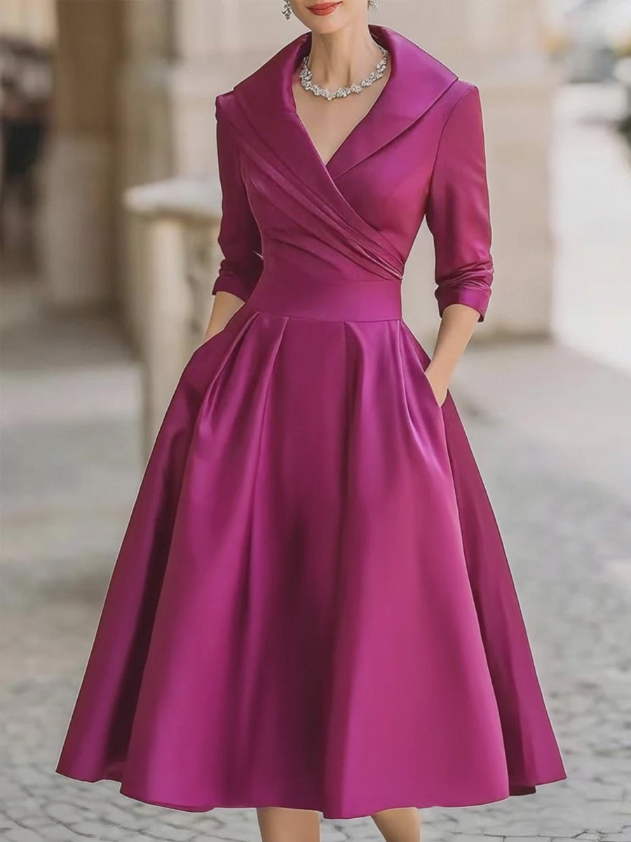 Sandy - Vintage-Inspired Satin Midi Dress With Draped Collar – Fuchsia | The Bellemont Sisters Australia