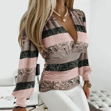 Amber | Women’s Deep V-Neck Ruched Waist Blouse – Pink & Black Stripes | The Bellemont Sisters Australia
