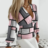 Amber | Women’s Deep V-Neck Ruched Waist Blouse – Geometric Pink & Gray | The Bellemont Sisters Australia