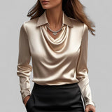 Rose | Women’s Draped Neck Long Sleeve Satin Blouses – Champagne | The Bellemont Sisters Australia