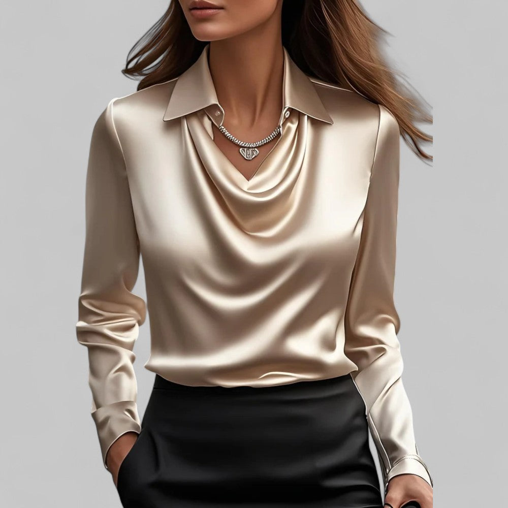 Rose | Women’s Draped Neck Long Sleeve Satin Blouses – Champagne | The Bellemont Sisters Australia