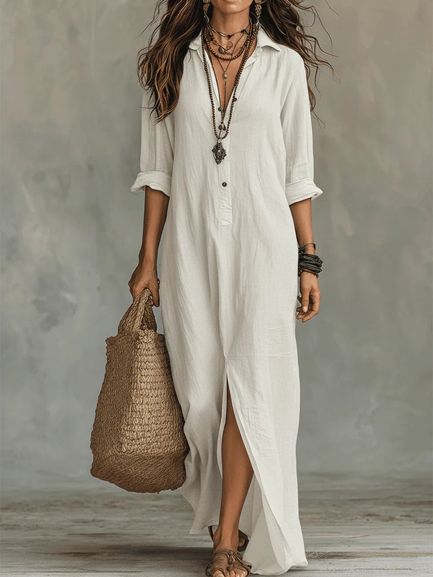 Soline | Relaxed V-Neck Button Maxi Dress – White | The Bellemont Sisters Australia