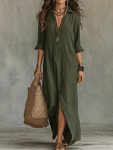 Soline | Relaxed V-Neck Button Maxi Dress – Green | The Bellemont Sisters Australia