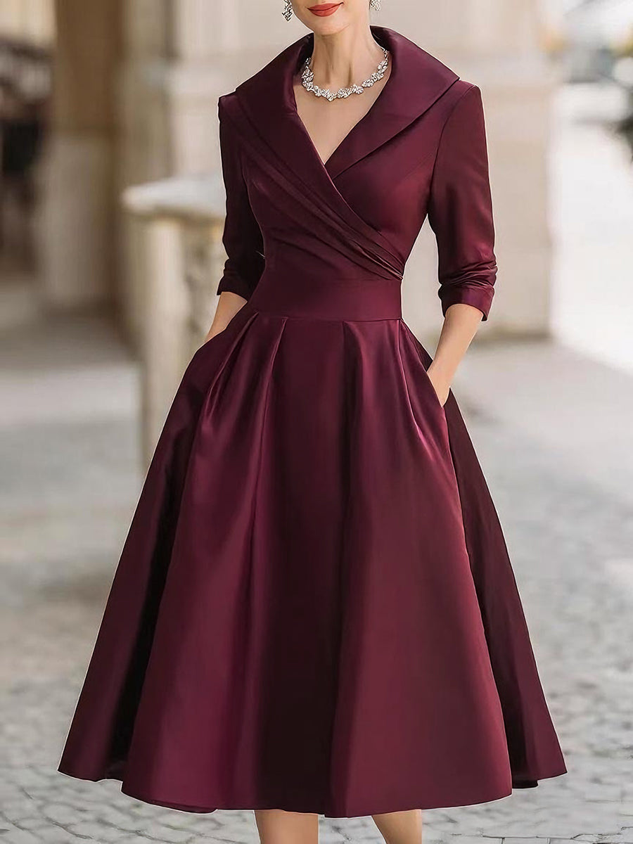 Sandy - Vintage-Inspired Satin Midi Dress With Draped Collar – Wine | The Bellemont Sisters Australia