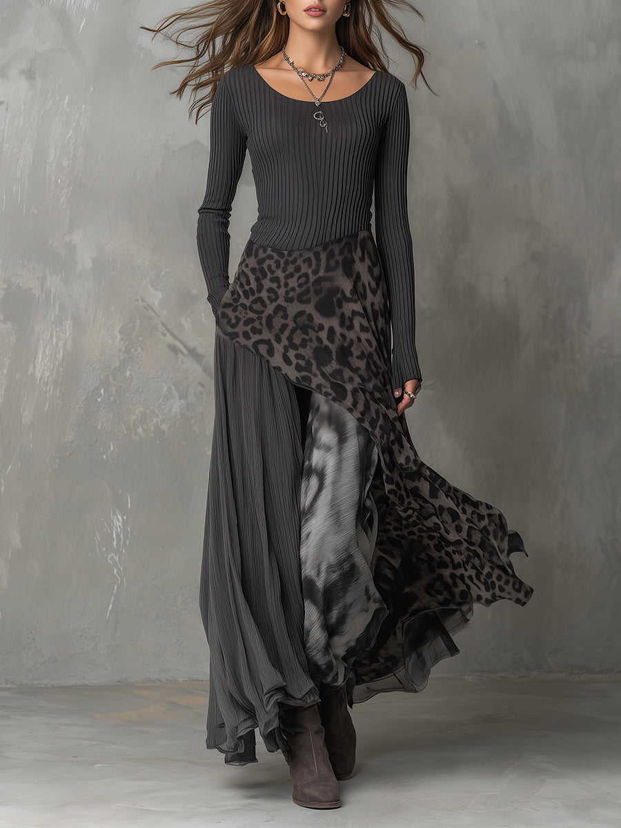 Martina - Long bohemian-style dress with leopard print – Grey (HOT SALE🔥) | The Bellemont Sisters Australia