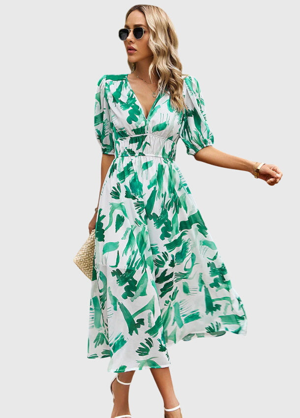 Merlin | Flattering Floral Midi Dress – Green | The Bellemont Sisters Australia