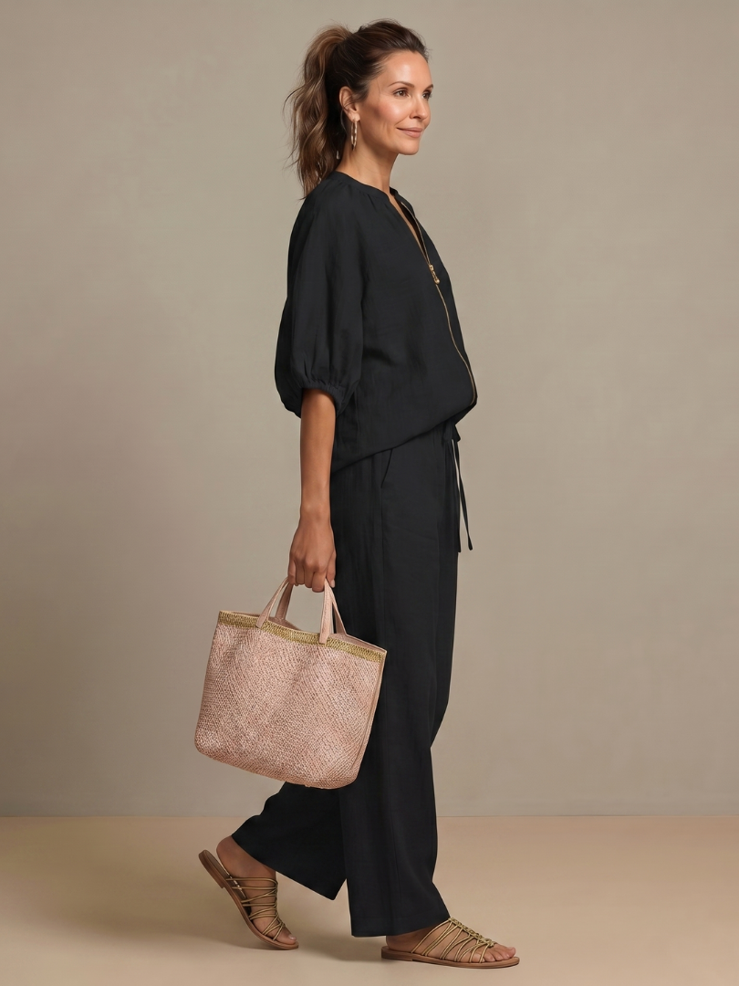 Natalia | Zip Front Blouson Top Wide Leg Set | The Bellemont Sisters Australia