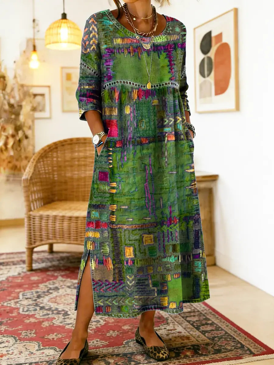 Manuela | Printed Dress with Ethnic Patchwork – Green | The Bellemont Sisters Australia