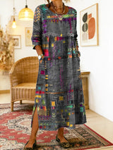 Manuela | Printed Dress with Ethnic Patchwork – Gray | The Bellemont Sisters Australia