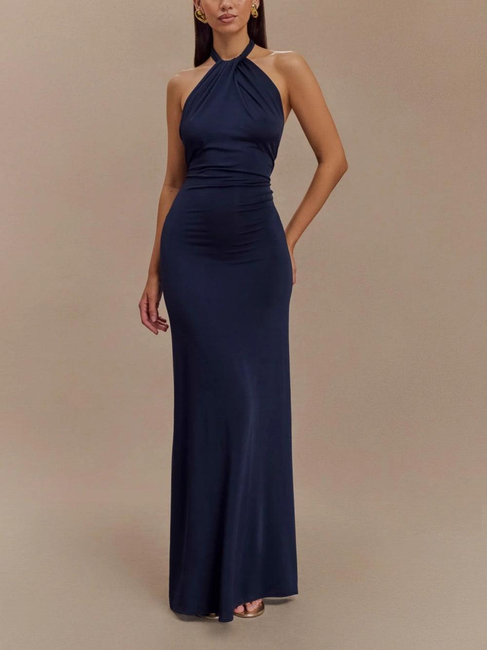 Elyna - Slinky Halter Maxi Dress – Navy | The Bellemont Sisters Australia