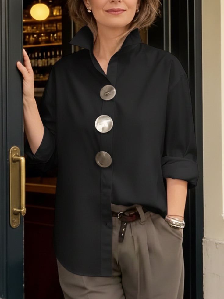 Rosaline | Statement Button Stand Collar Blouse – Black | The Bellemont Sisters Australia