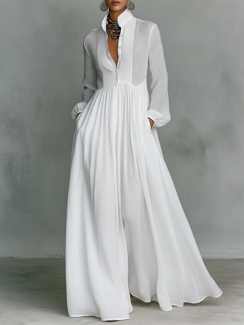 Serena | Flowing Button-Front Maxi Dress – White (Almost sold out) | The Bellemont Sisters Australia