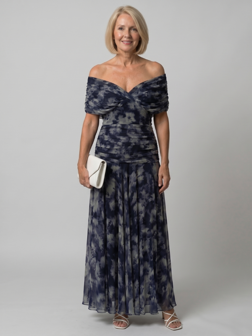 Calen™ Off Shoulder Flow Midi Dress – Navy Blue | The Bellemont Sisters Australia