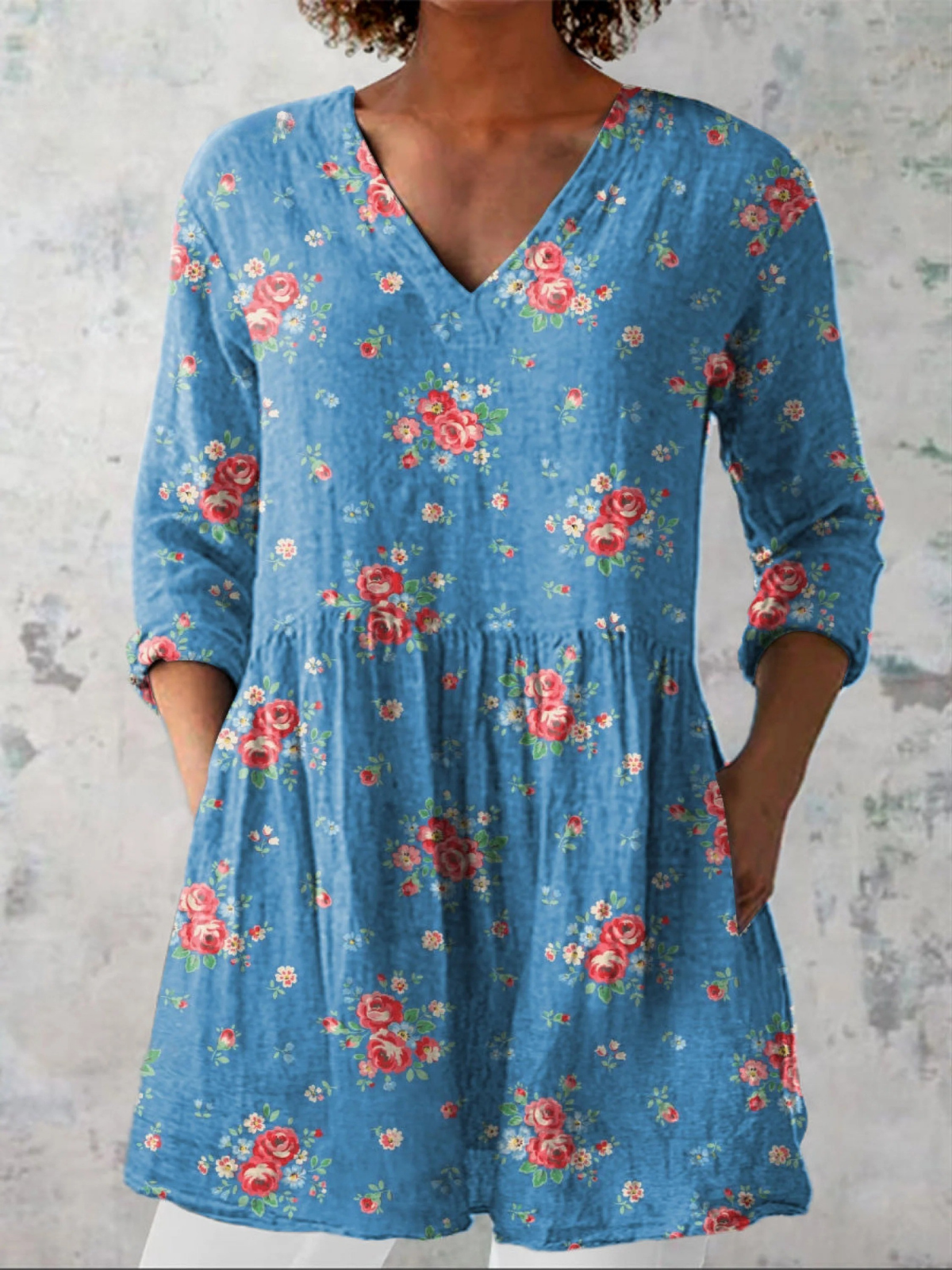 Melanie | Long Blouse with V-Neck – Blue | The Bellemont Sisters Australia