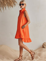 Vibrant Resort Orange Half-Zip Stand Collar Ruffled Mini Dress | The Bellemont Sisters Australia