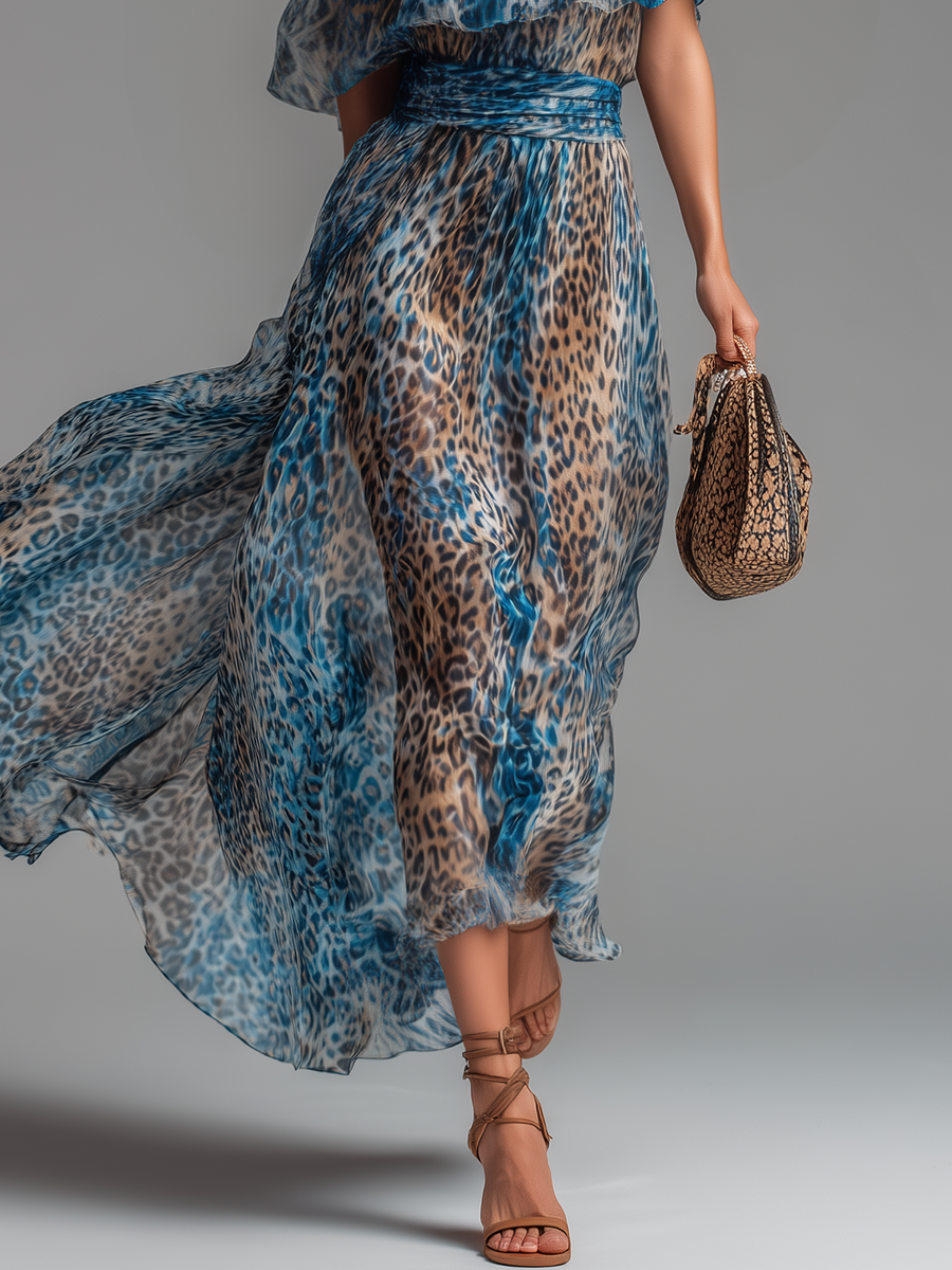 Wild - Long chiffon dress with leopard print and bare shoulders | The Bellemont Sisters Australia