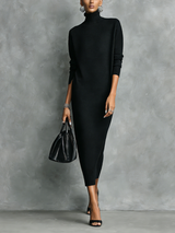 Women's Elegant Black Knitted Turtleneck Long-sleeved Loose-fitting  Midi Dress With No Pockets MDA1974L7AN – Black | The Bel