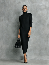 Women's Elegant Black Knitted Turtleneck Long-sleeved Loose-fitting  Midi Dress With No Pockets MDA1974L7AN | The Bellemont S