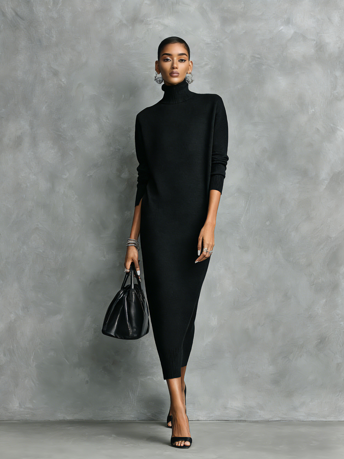Women's Elegant Black Knitted Turtleneck Long-sleeved Loose-fitting  Midi Dress With No Pockets MDA1974L7AN | The Bellemont S