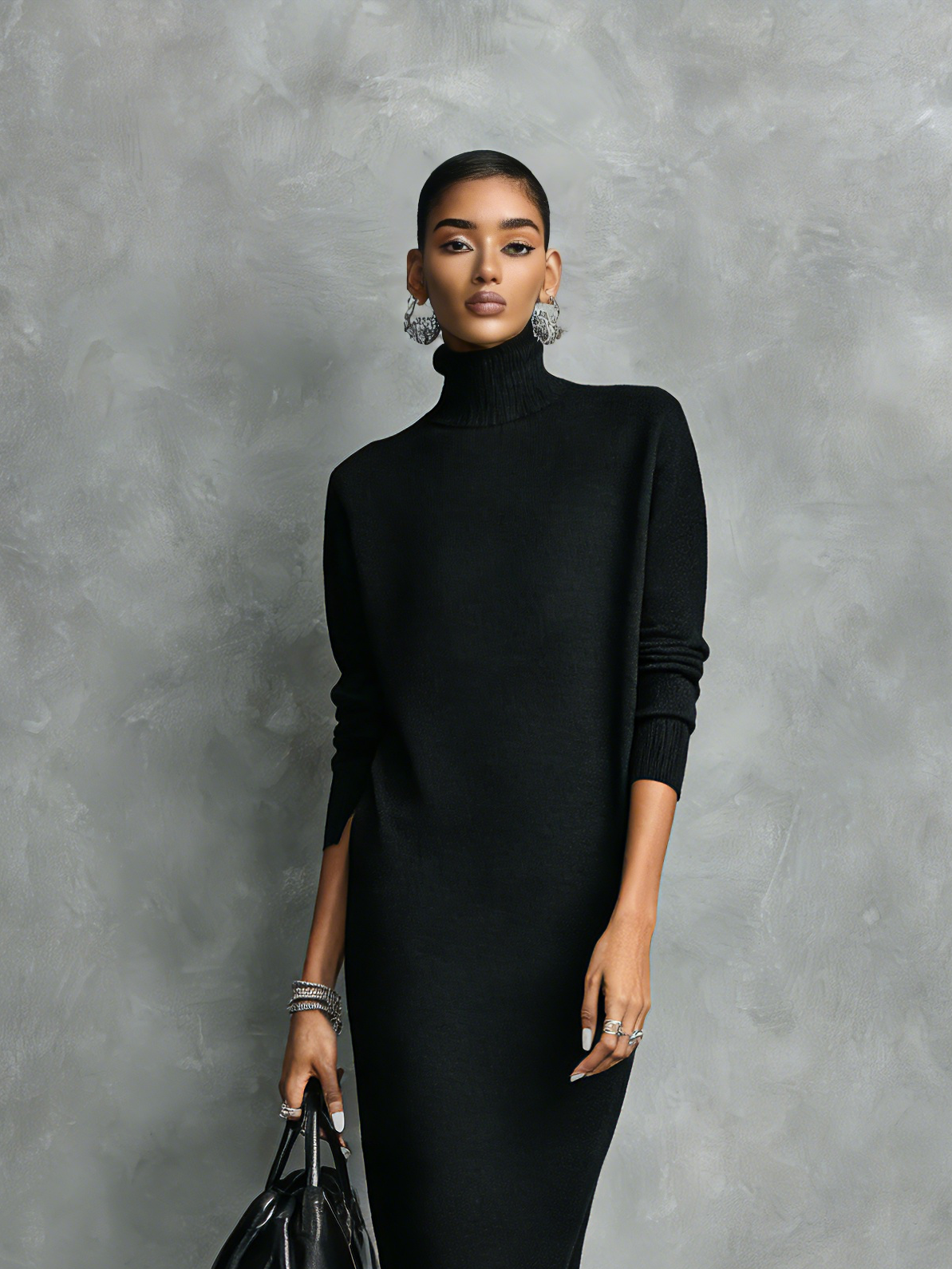 Women's Elegant Black Knitted Turtleneck Long-sleeved Loose-fitting  Midi Dress With No Pockets MDA1974L7AN | The Bellemont S