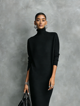 Women's Elegant Black Knitted Turtleneck Long-sleeved Loose-fitting  Midi Dress With No Pockets MDA1974L7AN | The Bellemont S