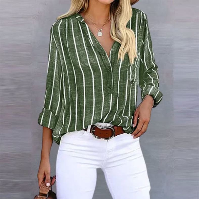 Bella | Women's Striped Long Sleeve Button Top – Olive Stripe Linen | The Bellemont Sisters Australia