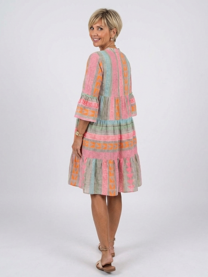 Maelle | Geometric Print V Neck Tiered Knee Length Dress | The Bellemont Sisters Australia