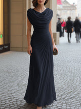 Katy | Draped Cowl-Neck Ruched Maxi Dress – Navy Blue | The Bellemont Sisters Australia