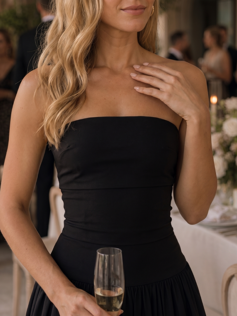 Zelene | Strapless Ruched Bodice Midi Dress | The Bellemont Sisters Australia