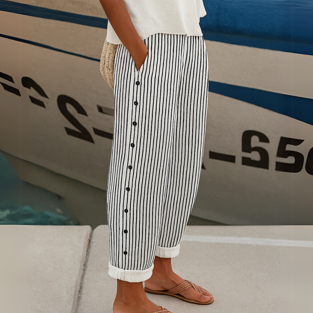 Caitlin | Stylish Striped Button Pants – Black | The Bellemont Sisters Australia