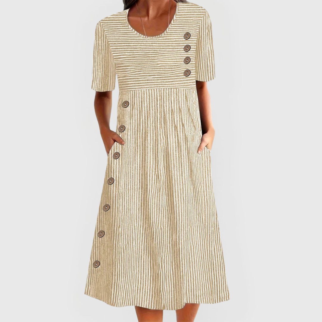 Wanda Striped Midi Dress – Beige | The Bellemont Sisters Australia
