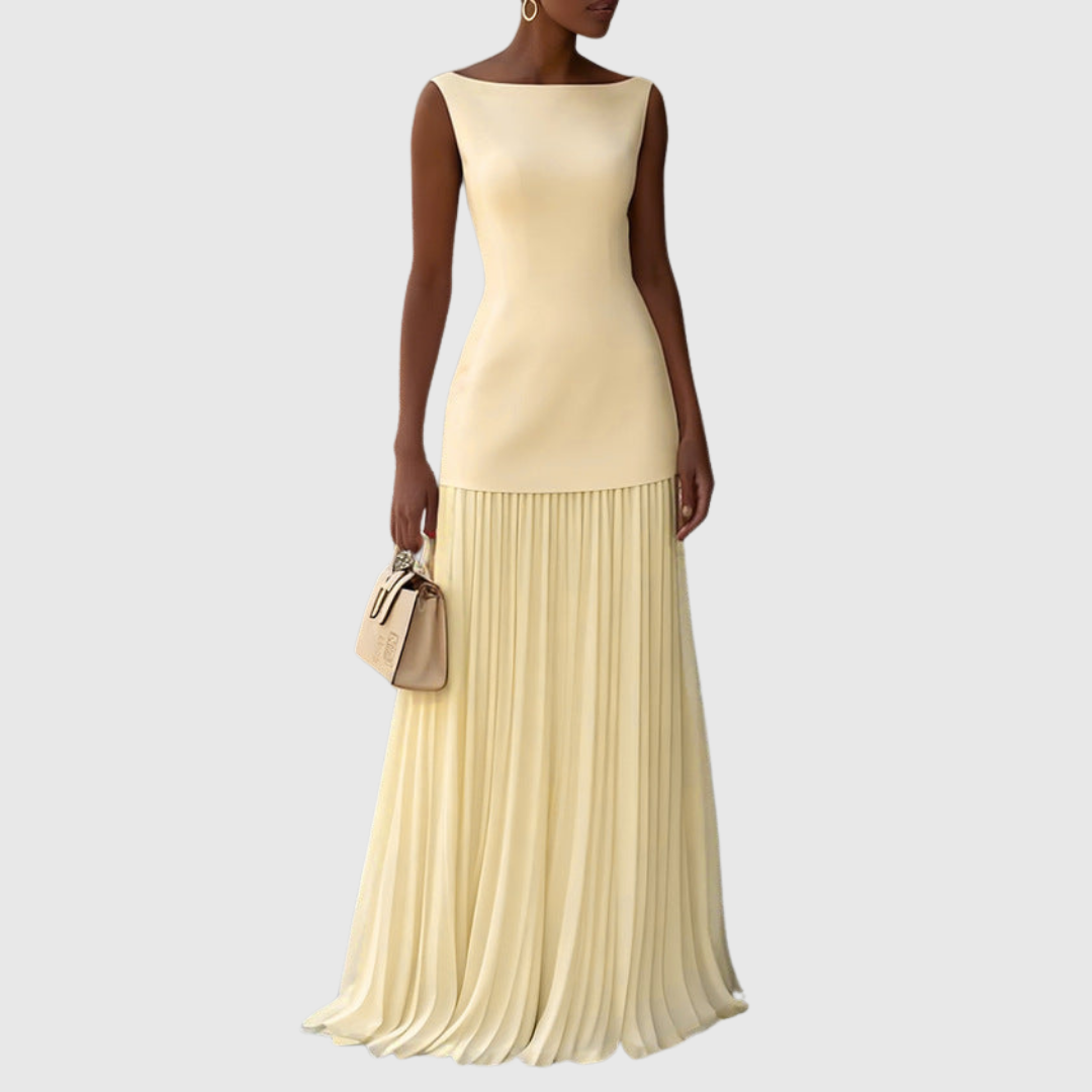 Rowina | Sleeveless Dress With Flowing Pleats – Yellow | The Bellemont Sisters Australia