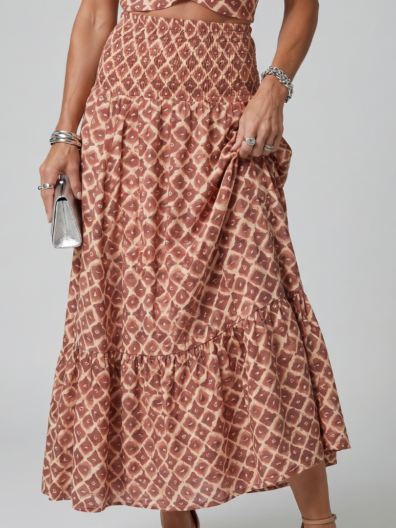 Amira | Cross Halter Geometric Print Cutout Midi Dress | The Bellemont Sisters Australia