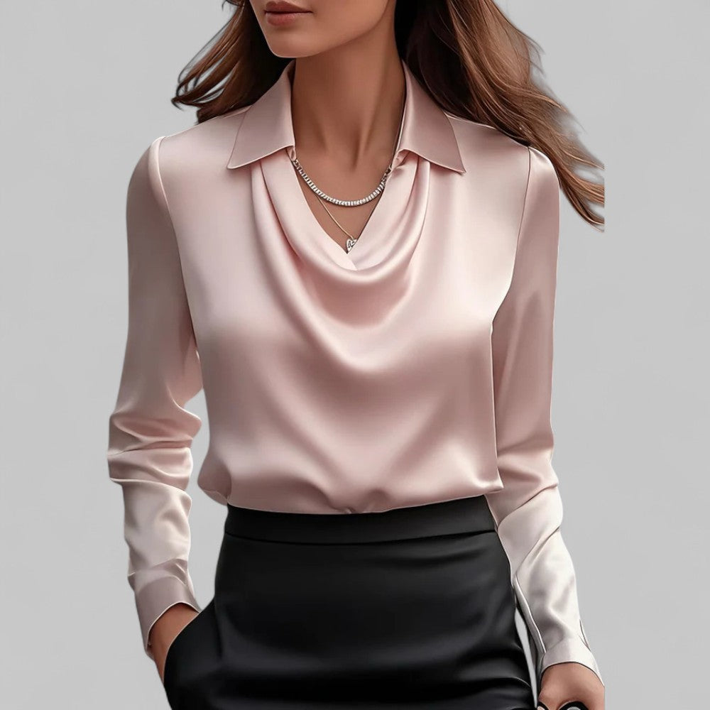 Rose | Women’s Draped Neck Long Sleeve Satin Blouses – Pink | The Bellemont Sisters Australia