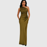 Elara | Satin Asymmetric Evening Gown – Green | The Bellemont Sisters Australia
