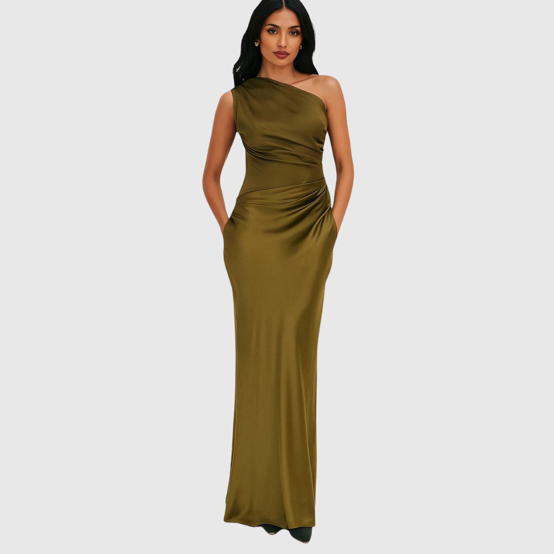Elara | Satin Asymmetric Evening Gown – Green | The Bellemont Sisters Australia