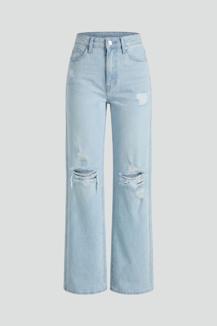 Kimberly | Women’s Wide-Leg Distressed High-Waist Jeans – Light Blue | The Bellemont Sisters Australia